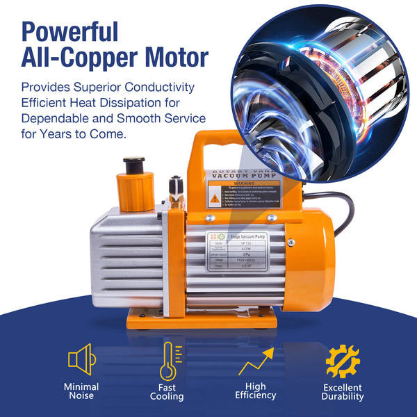 Upgraded 4CFM 1/3 HP 1-Stage HVAC Vacuum Pump and 4 Way AC Manifold