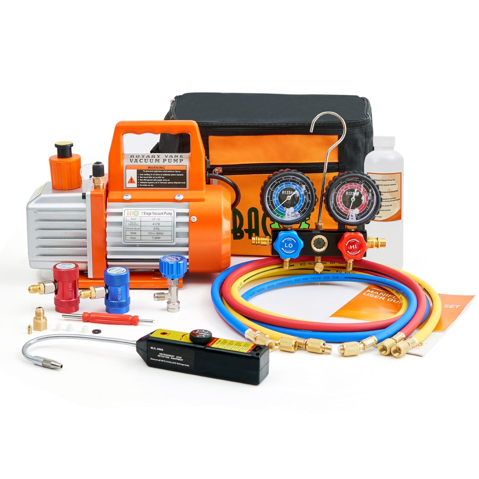 R1234yf 4CFM AC Vacuum Pump and Gauge Set w/ Leak Detector BACOENG