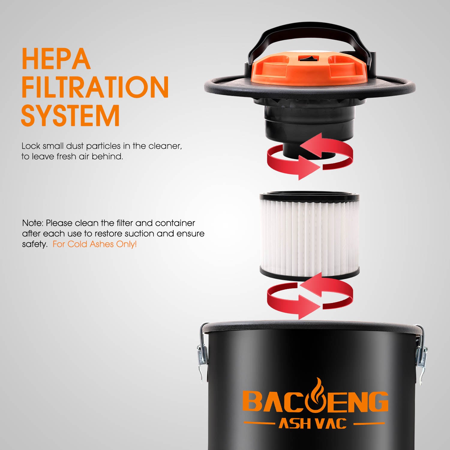 15L/4 Gallon Ash Vacuum Cleaner US/UK Plug BACOENG